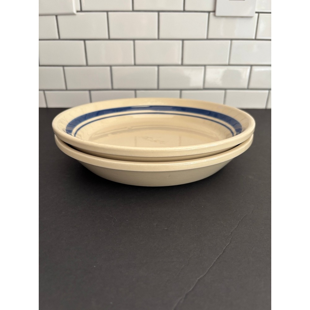 FP USA Roseville Ohio Blue Banded Stoneware Soup Pasta Bowls Set of 2 Cream